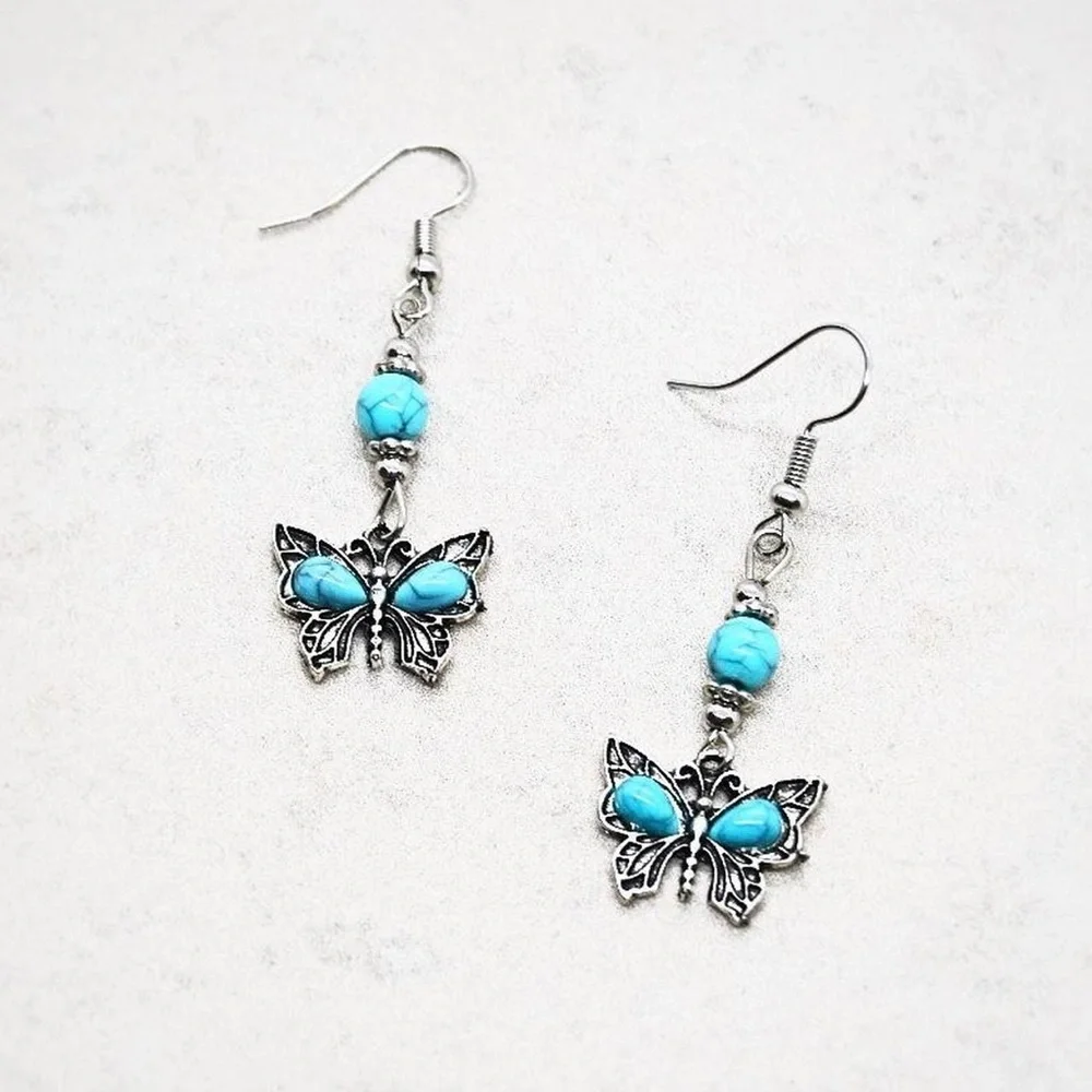 Blue Turquoise Butterfly Dangle Earrings